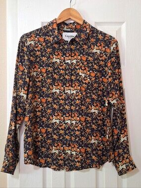 Corridor Women's Silk Maximal Deer Print Button-Up Shirt Size 6